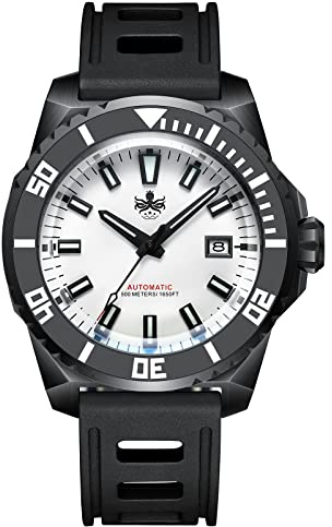 PHOIBOS Leviathan Herren 45MM Automatikuhr 500M Taucheruhr mit schwarzem Kautschukarmband und DLC-Beschichtung PY032E Weiß
