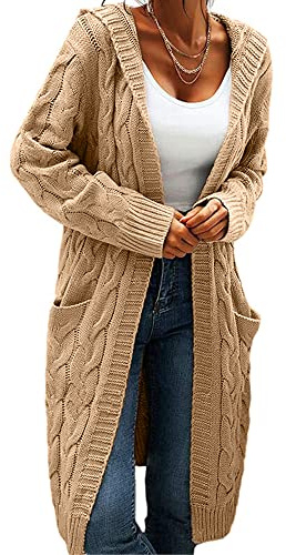 Women Hooded Open Front Cardigan Cable Knit Sweaters Solid Color Chunky Long Sweater Coats