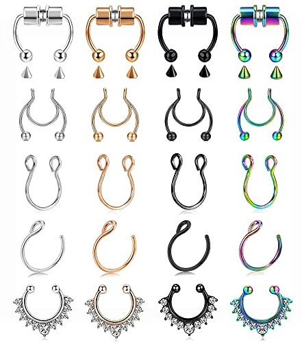 VitaCool Magnetic Septum Nose Ring Fake Septum Fake Nose Rings Magnet 20G Stainless Steel Horseshoe Faux Non Piercing Hoop Jewelry for Women Men (T20-Piece set)