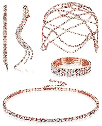 Kakonia 4 Piezas Juego De Joyas De Con Diamantes De Imitación Para Mujer,1920 Tocado, Cadena De Cabeza De Plata, Collar Vintage,Pulsera,Pendientes Largos Con Borla, Pendientes Oro rosa