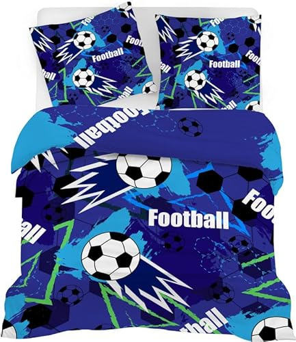SYHIEGO Housse de Couette 220x240 Football Bleu 2 Personnes Parure de Lit Microfibre 3D Linge de Lit Réversible Motif avec Fermeture Eclair avec 2 Taies d'oreiller 65x65cm pour Adulte Enfant