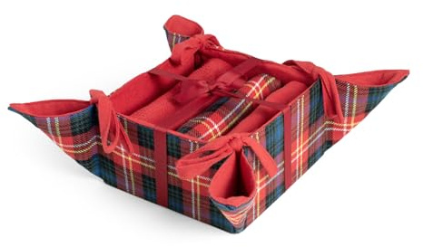 H&H Tartan Cestino in Cotone Riciclato, con 3 Strofinacci, Natale, Festività