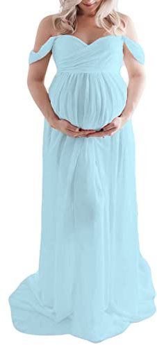 Loalirando Robe de Grossesse Shooting Photo en Mousseline de Soie Léger, Robe de Maternité Maxi-Longue Epaule Dénudée pour la Photographie (Bleu, M)