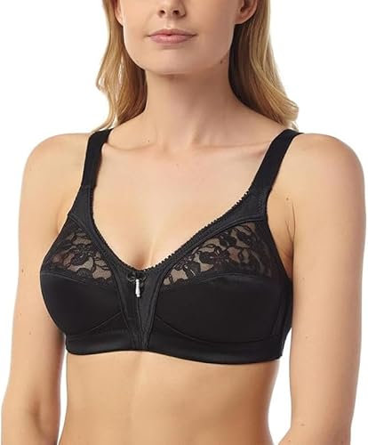 reshmena® Womens Floral Lace Non-Wired Bra Firm Control Soft Cup Satin Lace Bra - Women’s Non-Wired Full Cup Non-Padded Underwear Bra (UK, Cup & Band, E, 48, Black)