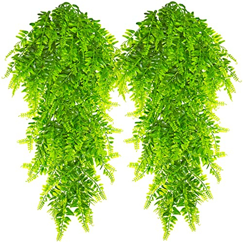 Kinisty 4Pcs Artificial Hanging Plants Faux Bosten Fern Fake Trailing Plants for Outdoor Indoor, Plastic Green Ivy Vines for Outside Garden Hanging Baskets Home Wall Decoration