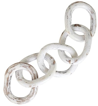 Housewarming Gifts Wood Chain Link Decor Hand Carved 5-Link Wood Knot Decorative Chain, Rustic Decorative Object Large Wooden Chain for Home Living Room Coffee Table Farmhouse 16 x 4 x 2 (White)