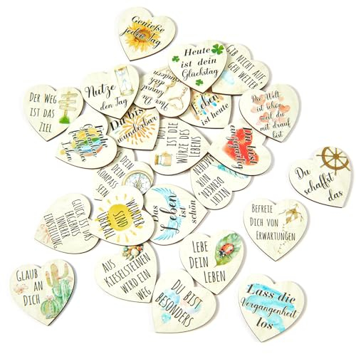 Otuuz 24 Holz Glückstaler Viel Glück Glücksbringer Sprüche in Herz Form Mutmacher Geschenk Motivationsgeschenk zur Belohnung Holz Streudeko Tischdeko für Schule Prüfung Kollegen Freund(Natur)