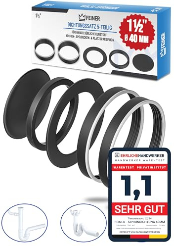 FEINER® | 5-teilig | 1 1/2 Zoll - Dichtungen für Siphon Küche | Dichtungen Siphon für 40mm handelsübliche Küchenspüle Siphon | Geräteanschlussdichtung | Siphon Dichtungssatz.