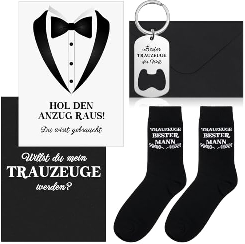 Otuuz 4 Stück Trauzeugen Geschenke Mann Frage, Trauzeugen | Bester Trauzeuge Geschenk für Hochzeit - WILLST du MEIN Trauzeuge WERDEN - Flaschenöffner Schlüsselanhänger Socken mit Karte