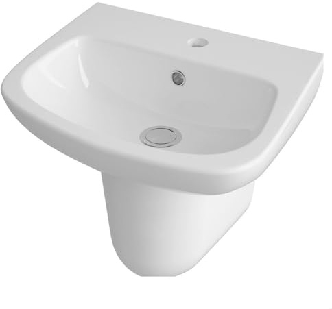 Balterley 450mm Bathroom Sink, Semi Pedestal Ceramic Soft Square Bowl Bathroom Wash Basin Sink with Overflow, 1 Tap Hole, Wall Mounted Basin Sinks for Cloakroom - 450 x 350 x 405mm (White)