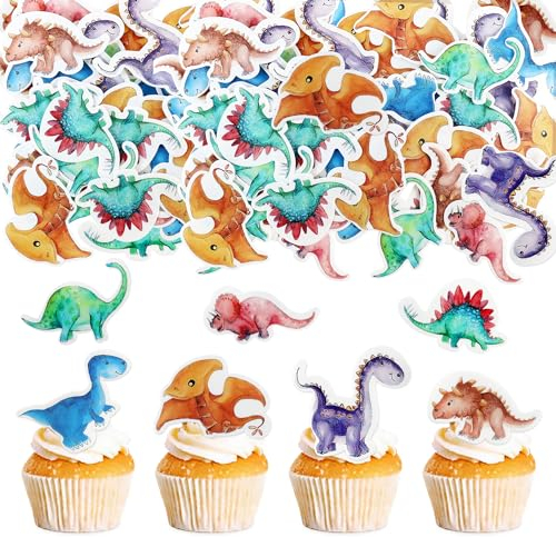 50pcs Edible Dinosaur Cupcake Toppers - Happy Birthday Dinosaur Theme Cake Decorations for Boy, Girl & Baby Shower