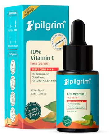 Pilgrim Siero al 10% alla vitamina C, 30 ml, per pelli luminose, con 5% di niacinamide, acido ialuronico e glicolico, sfuma macchie scure, pigmentazione, per tutte le pelli grasse, miste, normali