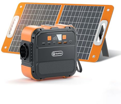FlashFish Station Électrique 120W avec panneau solaire pliable 60 W, Générateur Électrique 98Wh avec sortie CA 230V, USB, Type-C, Batterie de Secours pour Extérieur, Camping, Jardin,Voyage