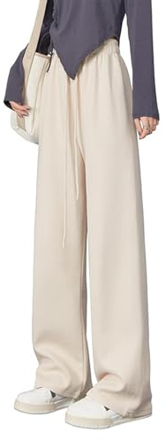 SHEKINI Joggingbyxor för kvinnor, bomull, fritidsbyxor, yogabyxor, sportbyxor vida ben, dragsko, lösa loungebyxor, breda ben, hembyxor, raka ben, byxor, Beige, XL