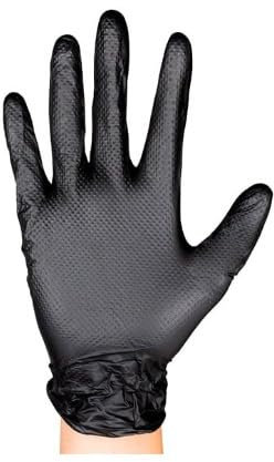 Guante de nitrilo color negro Diamantado. Es una opción ideal para quienes necesitan una protección confiable y un agarre superior en entornos exigentes, combinando resistencia y comodidad. (GRANDE)