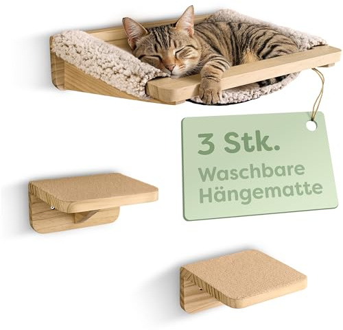 Knupis Klättervägg för Katter med Hängmatta & 2x Kattrappor – Massivt Furu FSC®, Stabil Väggsäng upp till 30 kg – för Lek & Bekvämlighet - Beige