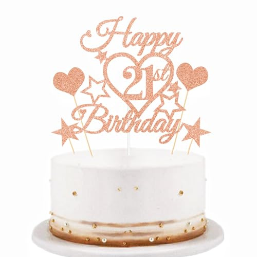 bng-bng 21st Birthday Cake Topper Decoration,Rose Gold Glittery Happy 21st Birthday Cake Cupcake Toppers For Girls 21 Twenty-one Years Old Party Supplies Decorations