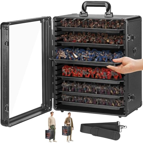 ONUEMP Miniature Carry Case, 6 Magnetic Metal Trays Miniatures Storage Case Model Transport Display Equipped with Adjustable Shoulder Strap Gift for Miniature Lovers, Aluminum Alloy Frame, Black