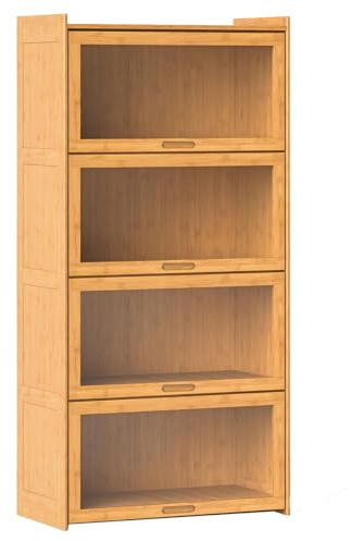 GIANTEX Bibliothèque en Bambou à 4 Niveaux 140 CM, Étagère à Livres avec Portes Rabattables en Acrylique Transparent, Meuble de Rangement Autoportante, pour Salle d'étude, Salon, Chambre (Nature)