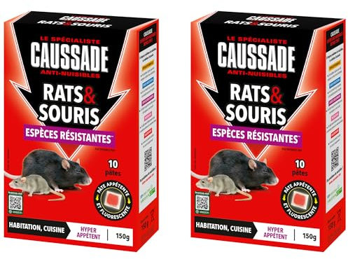 Caussade Anti Rats & Souris - Efficacité Radicale - Lieux Secs & Humides - 20 Sachets Pâtes Fluorescents- Prêt à l'emploi - Une Ingestion Suffit - Fabriqué en France - 2x150g CARSPTFLUO150X2