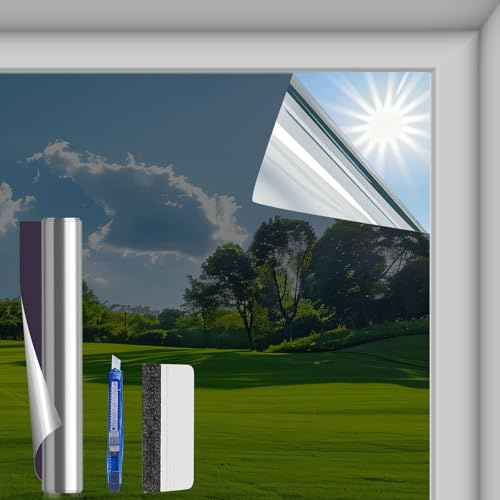 Pellicola solare per finestre, per interni, 44,5 x 400 cm, pellicola a specchio, autoadesiva, protezione dai raggi UV, protezione dal calore, per casa, ufficio, grigio