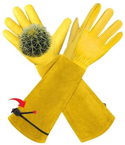 AMFUN Gartenhandschuhe für Damen/Herren, Gartenhandschuhe Dornenfest aus Leder, Lange Rindsleder Arbeitshandschuhe für Garten und Haushaltsaufgaben（S）