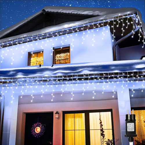 PhilzOps Navidad Cortina Luces Exterior, 1000 LED 35M Carámbano Guirnalda Luces de Cascada Impermeable 8 Modos Cadena de luces Navideñas Decoración para Ventana Fiestas Casa Jardín Patio, Blanco Frío