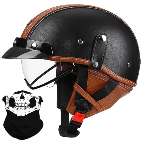 Demi-Casque Moto Rétro Casque Ouvert en Cuir Allemand, Homme Femme Vélo Cruiser Chopper Mobylette Scooter Casque Demi-Coquille Vintage avec écharpe Amovible, Homologué ECE 57-64cm