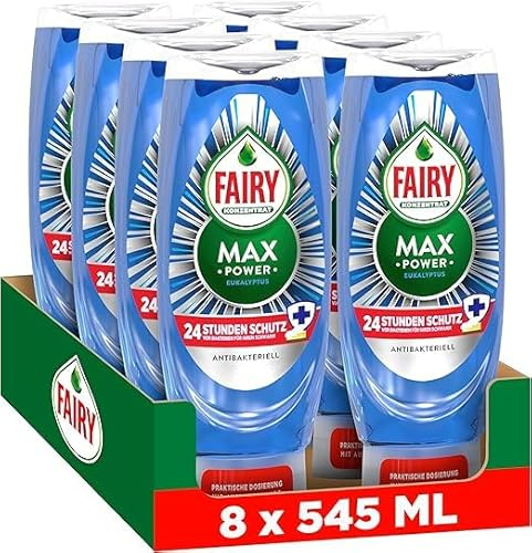 Fairy Max Power Spülmittel Antibakteriell, 8x545 ml | Starke Fettlösekraft für mühelose Reinigung selbst bei fettigen Töpfen und Pfannen.