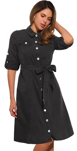 Allegra K Abito Camicia in Denim da Donna Abbottonato Manica Lunga con Cintura Classico Abito in Jeans Nero L