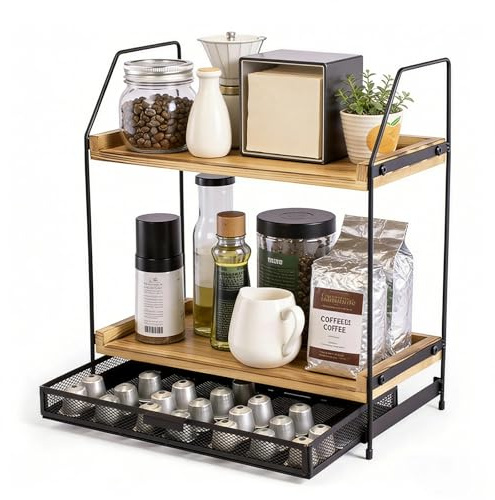 Aolawco 2-Tier Tea & Coffee Station Organizer with Slide Out Pods Drawer | Wooden Coffee Bar Station, Coffee Station Accessories,Hot Chocolate Station for Kitchen,Office & Home