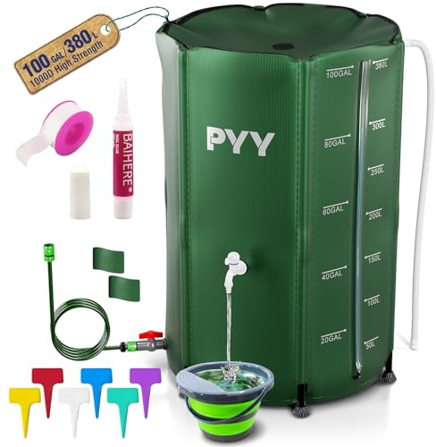 PYY Rain Water Collection Barrel - 100 Gallon Green Large Water Storage Tank with Spigots, Portable Rain Catcher to Collect Rainwater from Gutter, Plastic Rain Catchment System with Collapsible Bucket
