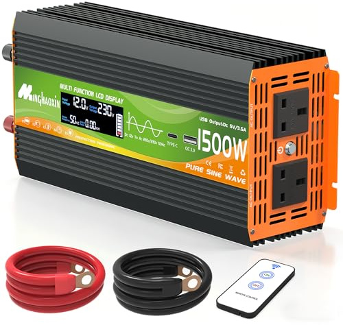 MInghaoxin 1500W Power Inverter 12V to 240V Pure Sine Wave Voltage Converter with 2 UK Sockets, USB Port, USB-C Port, LCD Remote Control Peak 3000W for Motorhomes, Trucks, Boats, Camping