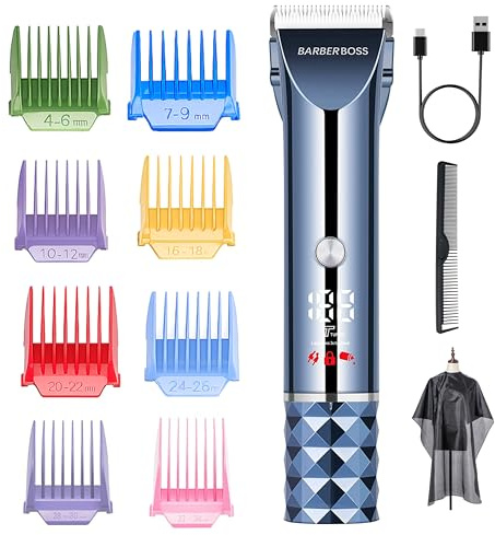 BarberBoss Recortadora de pelo y barba recargable para hombre, cortadora de velocidad turbo inalámbrica con pantalla LED, hoja ajustable y 8 protectores de peine, kit completo de aseo para hombre