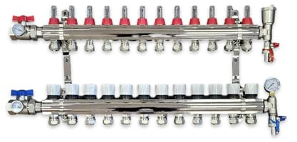 12 Port Complete Underfloor Heating Manifold with Pipe Connections, Ball Valves with Thermometers Set of 2, Automatic Air Vent & Pressure Gauge (15mm eurocones)