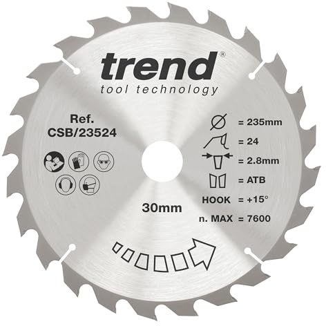 Trend Holz Kreissägeblatt, 235mm Durchmesser, 30mm Bohrung, 24 Zähne, HW, 2,6mm Schnittbreite, +15° Haken, CSB/23524