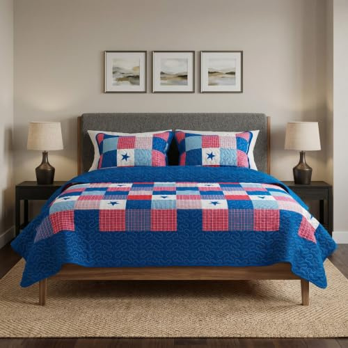 Lavish Home (King 3-teiliges Caroline Patriotische Steppdecke Mikrofaser Americana Stars und Plaid Patchwork mit 2 Kissenbezügen – Bettwäsche-Set, Mehrfarbig
