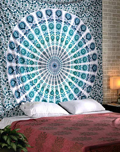 RAJRANG Blue Mandala Tapestry - 213x230 cm 100% Cotton Hippie Large Wall Hanging Art Aesthetic Queen Peacock Tapestries Boho Indian Beach Throw Blanket for Bedroom and Home Decor - Blue and White