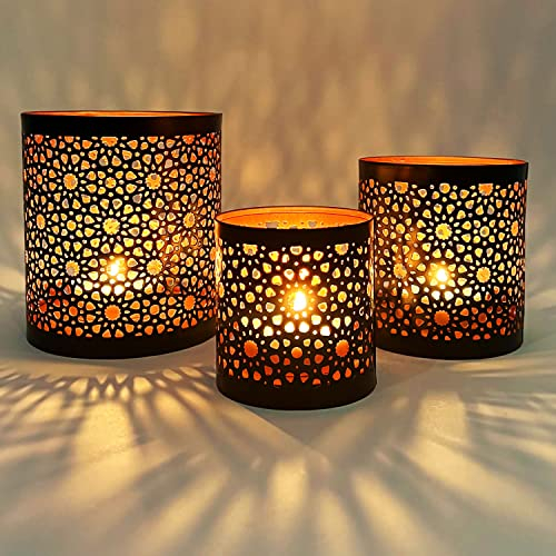 3er Set Orientalisches Windlicht Laterne orientalisch Adiba 14cm Groß | Orientalische Vintage Teelichthalter Kupferfarben innen schwarz außen | Marokkanische Windlichter aus Metall als Dekoration