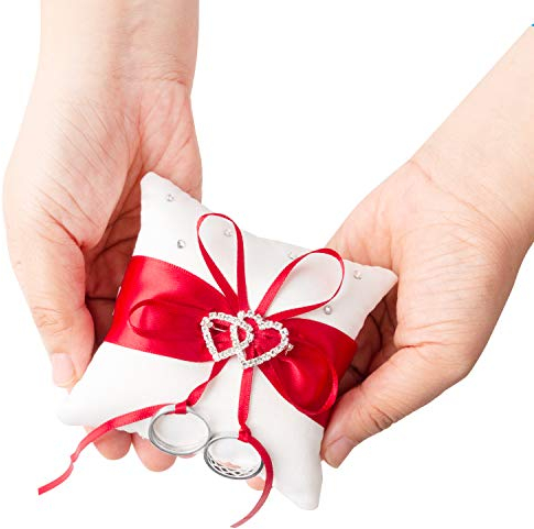 NIERBO Ringkissen Hochzeit Hochzeitskissen Ehering Kissen mit Satinband Ring Kissen Träger Vintage Ringhalter Hochzeit deko mit Doppelten Herzen 10cm*10cm