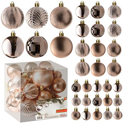 Prextex Champagner Weihnachtskugel Ornamente für die Weihnachtsdekoration - 36 Stück unzerbrechliche Christbaumkugeln mit Aufhängeöse für Feiertage und Partys (Kombination aus 6 Stilen in 3 Größen)