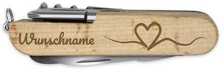 printplanet - Holz-Taschenmesser mit Namen, Initialen oder Wunschtext selbst gestalten - Taschenmesser aus Holz mit Gravur personalisieren - Motiv: Herz