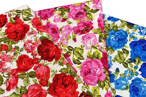 Amornphan 3 Stück 2,7 m 114,4 cm breit, Vintage-Rosenmuster, bedruckt, Quilten, 100 % Baumwolle, Stoffpaket zum Nähen, Basteln, Patchwork, Handarbeit, Scrapbooking, Shirt (Set 1 (rot, rosa, blau))