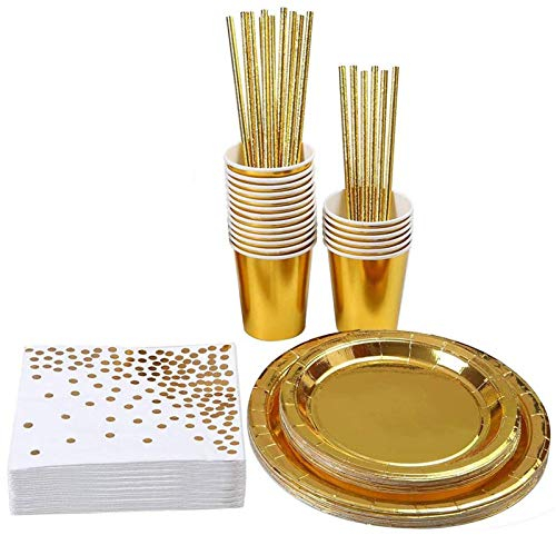 FCQLFYF Lot de 80 couverts jetables en papier doré pour fêtes, mariages, anniversaires (16 invités)