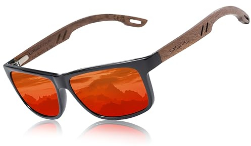 KINGSEVEN Holz Sonnenbrille für Herren und Damen I Unisex Handgefertigte Polarisierte Brille mit Holzbügeln aus Walnuss I UV400-Schutz I Modische Spiegelgläser I Orange