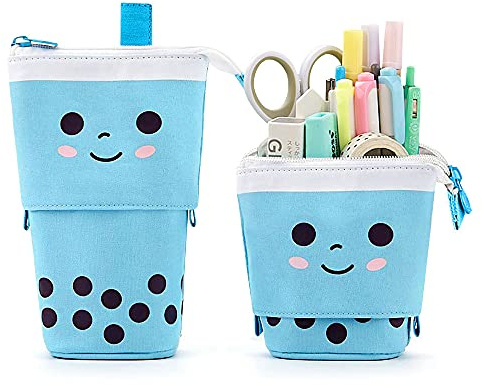 Pop-Up-Federbox, Make-up-Tasche, Stand Up Bubble Tea Stiftehalter, Organizer, Kosmetiktasche, Kawaii Schreibwaren (blau)