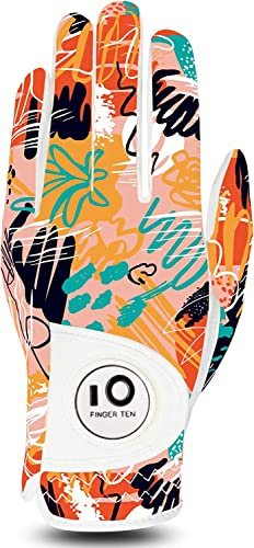 FINGER TEN Gants De Golf Femme Main Gauche Droite Motif imprimé poignée Marqueur De Balle Pack， Gant Durable Respirant Doux Taille S M L XL Sport
