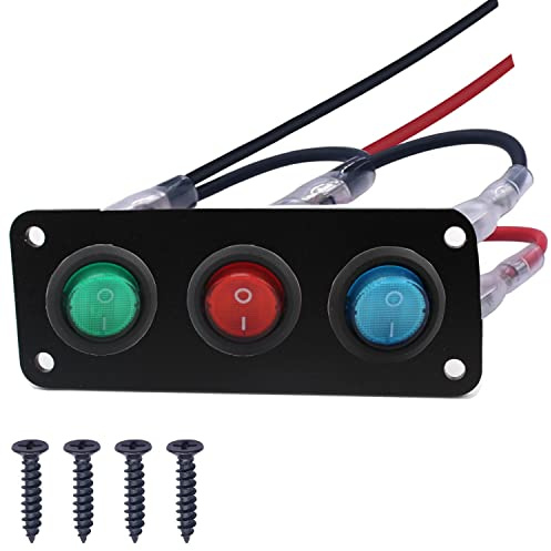 RUNCCI-YUN 12V pannello interruttore,Pulsante Interruttore Rotondo,12V 3 Gang Pannello interruttori a levetta LED,Pannello Interruttori a Bilanciere per Auto, Barca, Camion (rosso, blu, verde)