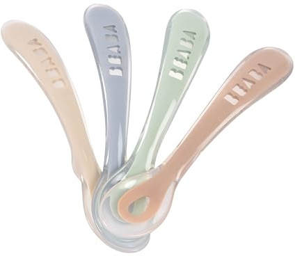 BÉABA Cucharas de Aprendizaje para Bebe, Silicona Suave, Juego de 4, segundo Edad, Ergonómica, Colores Naturales
