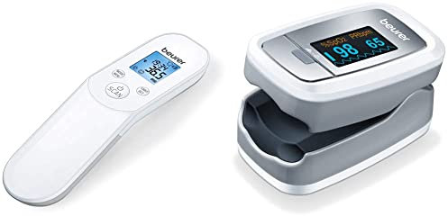 Beurer FT 85 Termómetro digital de infrarrojos sin contacto, termómetro rápido para la medición higiénica & PO 30 Pulsioxímetro, medición saturación de oxígeno (SpO2) Blanco/Plata, 60 x 36 x 32 mm